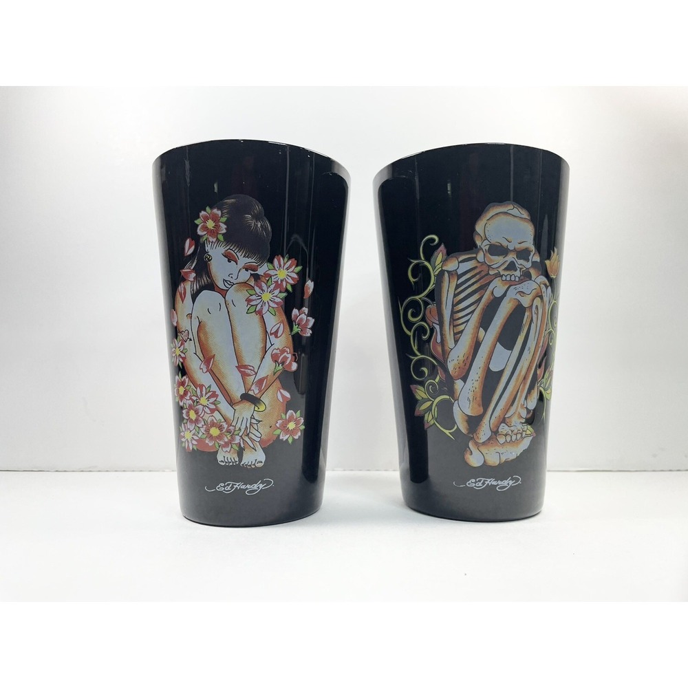 Ed Hardy Designs Beauty Beast Glass Black Tumblers Set Of Two